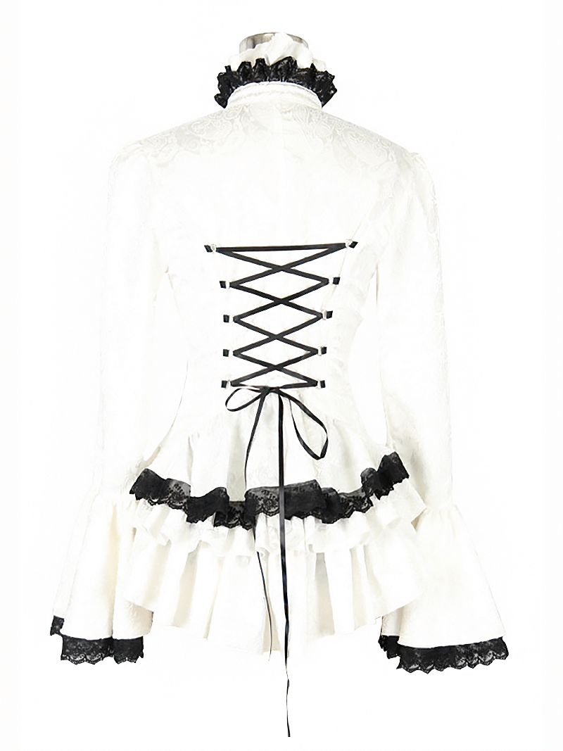 Ladies White High Collar Shirt With Ruffles & Black Lace / Gothic Womens Long Flared Sleeves Blouse