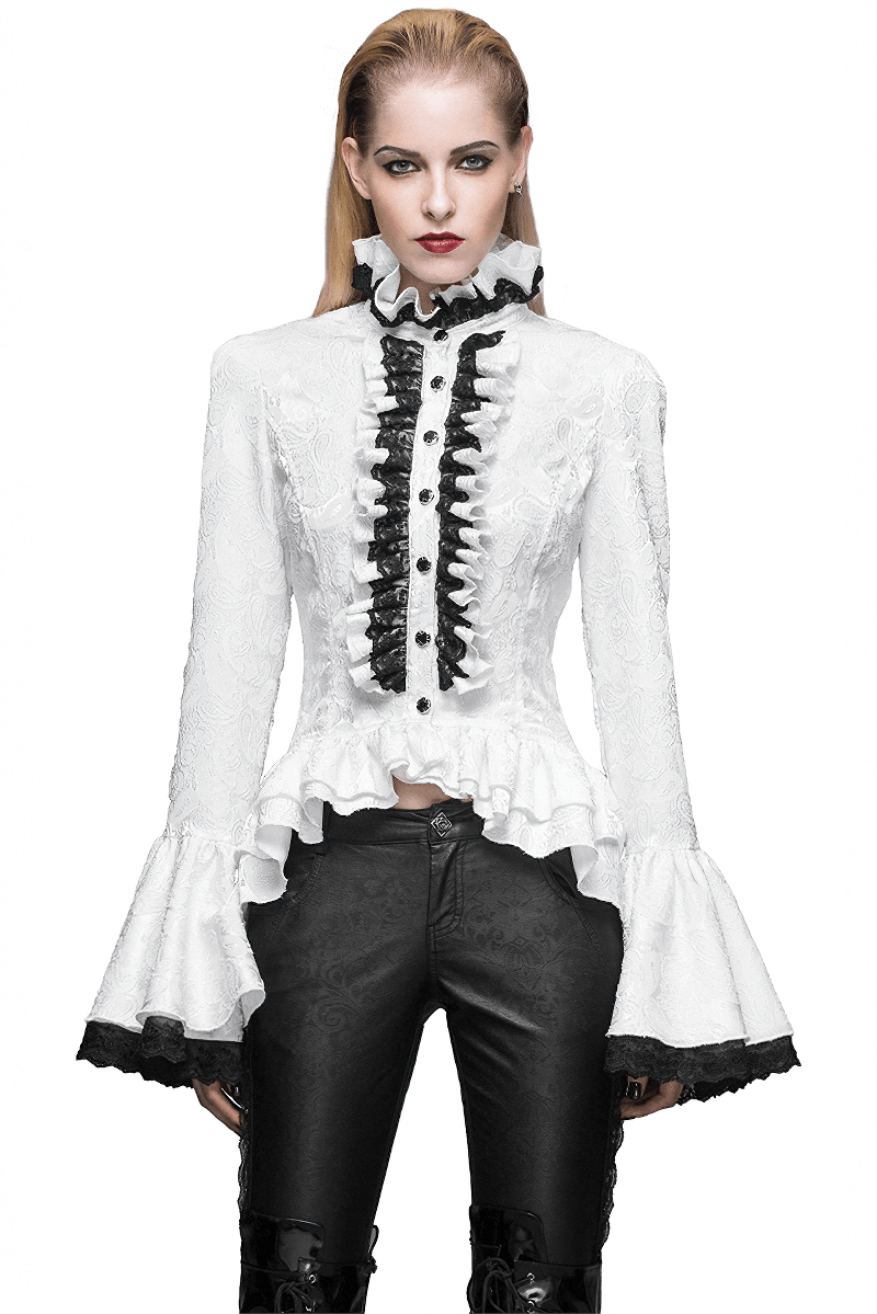 Ladies White High Collar Shirt With Ruffles & Black Lace / Gothic Womens Long Flared Sleeves Blouse