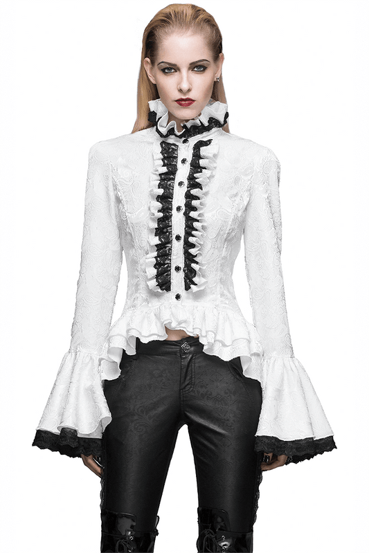 Ladies White High Collar Shirt With Ruffles & Black Lace / Gothic Womens Long Flared Sleeves Blouse