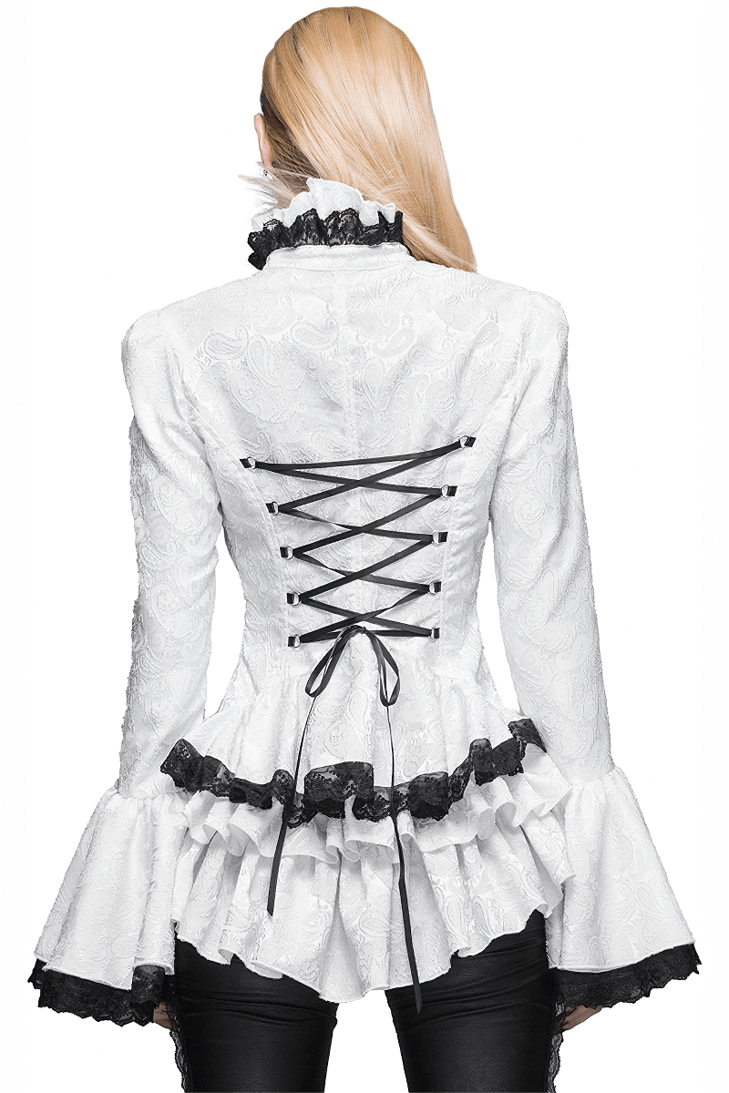 Ladies White High Collar Shirt With Ruffles & Black Lace / Gothic Womens Long Flared Sleeves Blouse