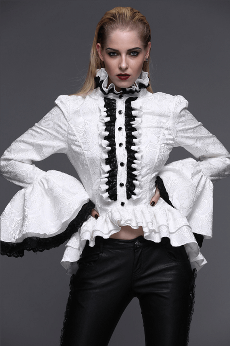 Ladies White High Collar Shirt With Ruffles & Black Lace / Gothic Womens Long Flared Sleeves Blouse