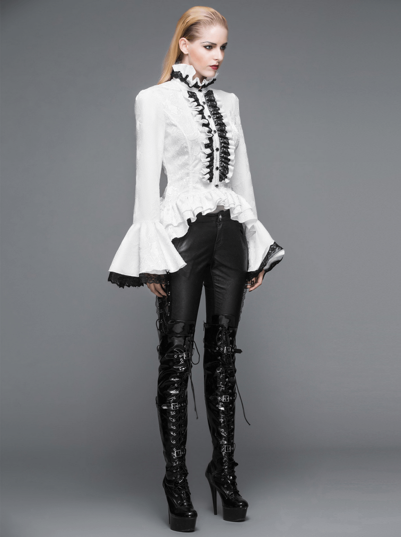 Ladies White High Collar Shirt With Ruffles & Black Lace / Gothic Womens Long Flared Sleeves Blouse
