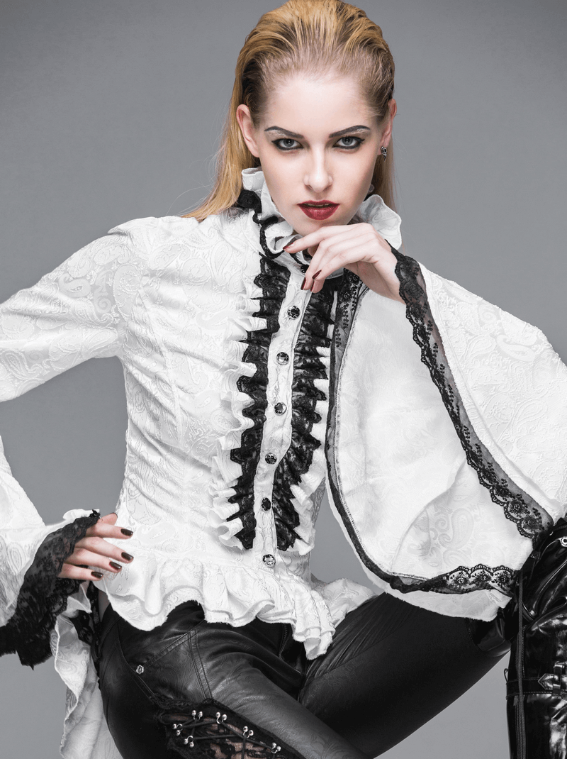Ladies White High Collar Shirt With Ruffles & Black Lace / Gothic Womens Long Flared Sleeves Blouse