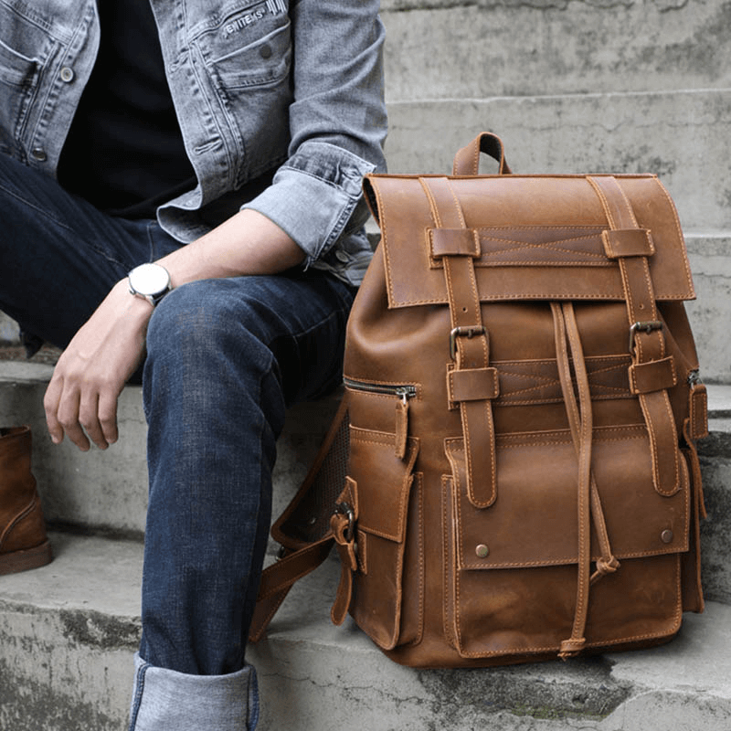 Large Genuine Leather Laptop Travel Backpack / Fashion Unisex Many Pockets Backpacks