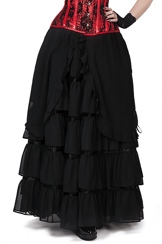 Layered Black Victorian Maxi Skirt for Elegant Evenings