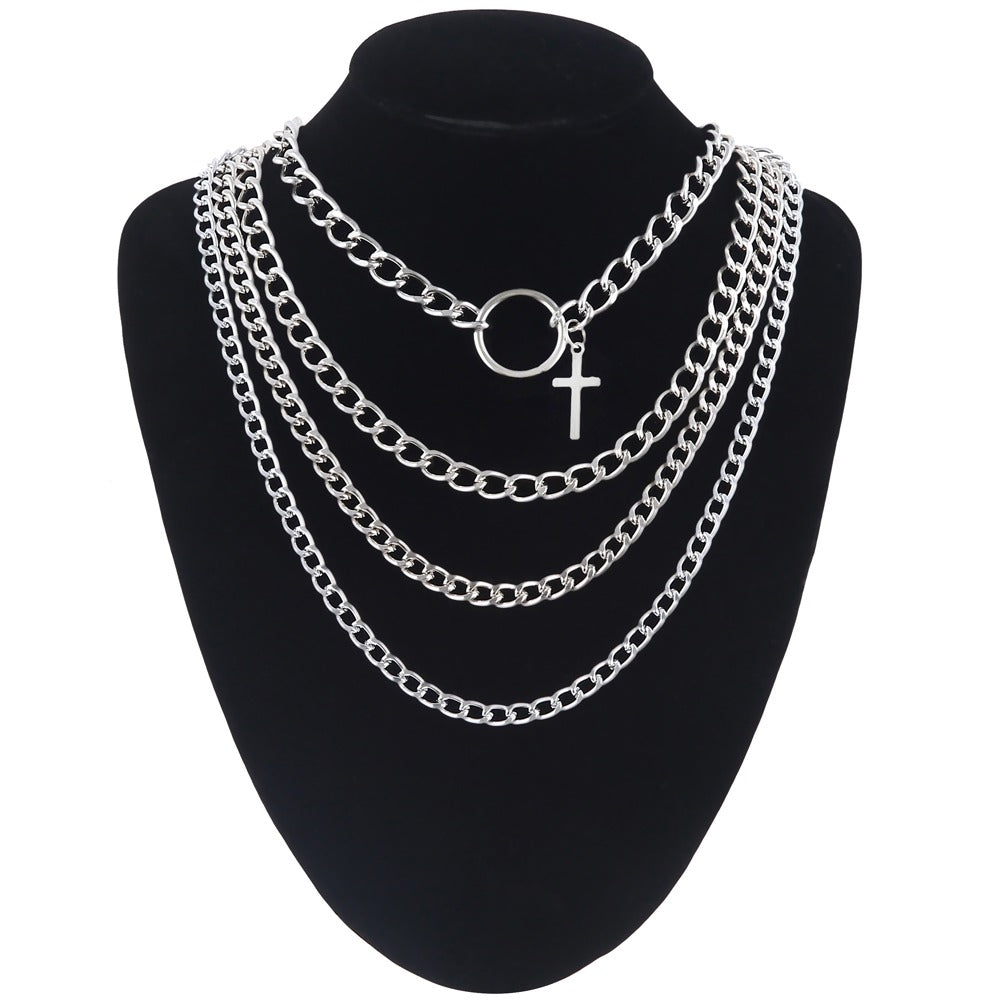 Layered Chain With Cross And Ring / 4pcs-Set Aesthetic Choker / Men's And Women's Necklace