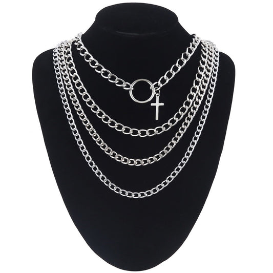 Layered Chain With Cross And Ring / 4pcs-Set Aesthetic Choker / Men's And Women's Necklace