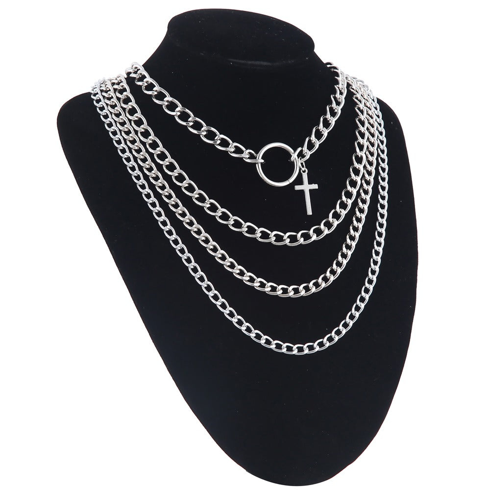 Layered Chain With Cross And Ring / 4pcs-Set Aesthetic Choker / Men's And Women's Necklace