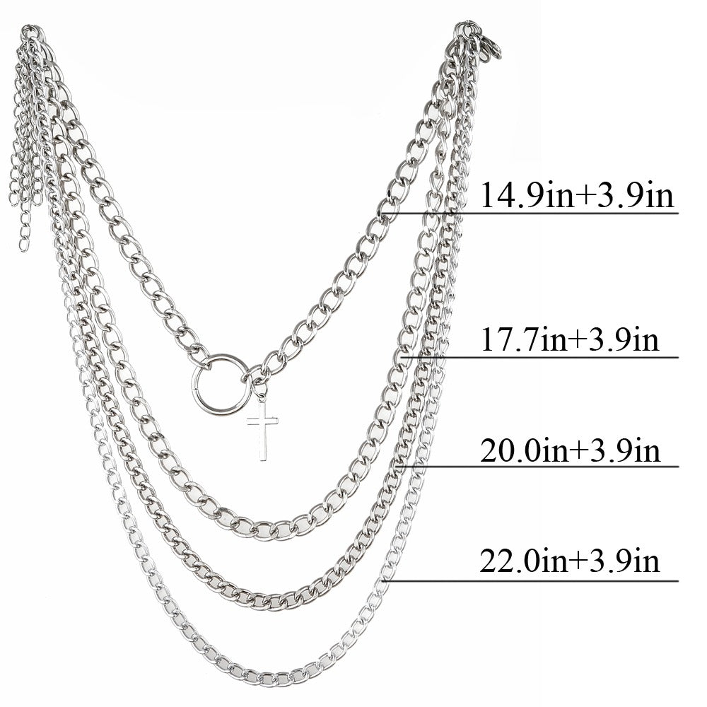 Layered Chain With Cross And Ring / 4pcs-Set Aesthetic Choker / Men's And Women's Necklace