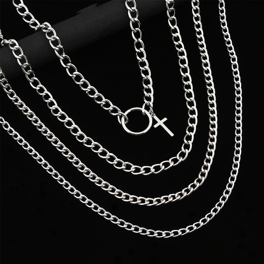 Layered Chain With Cross And Ring / 4pcs-Set Aesthetic Choker / Men's And Women's Necklace