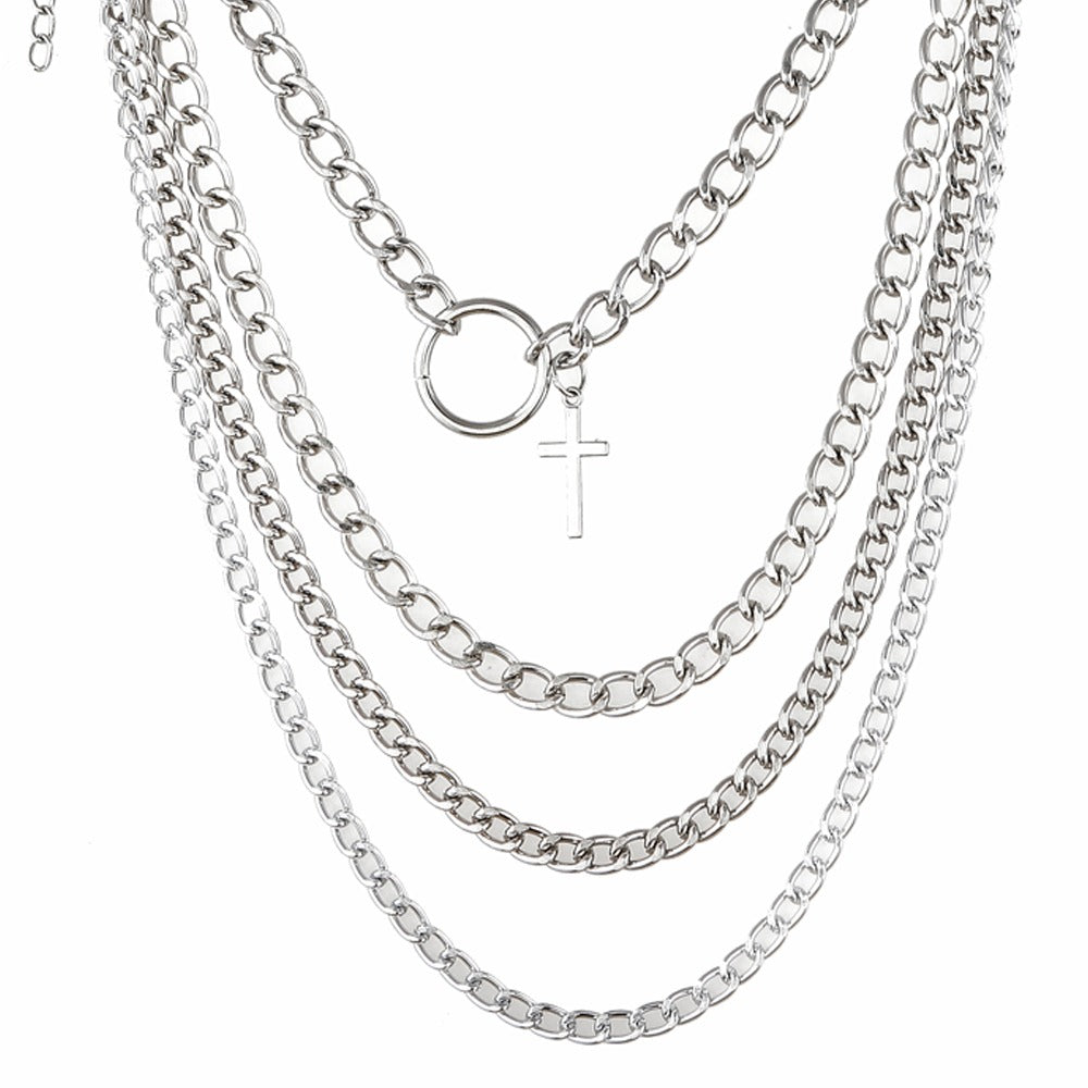Layered Chain With Cross And Ring / 4pcs-Set Aesthetic Choker / Men's And Women's Necklace