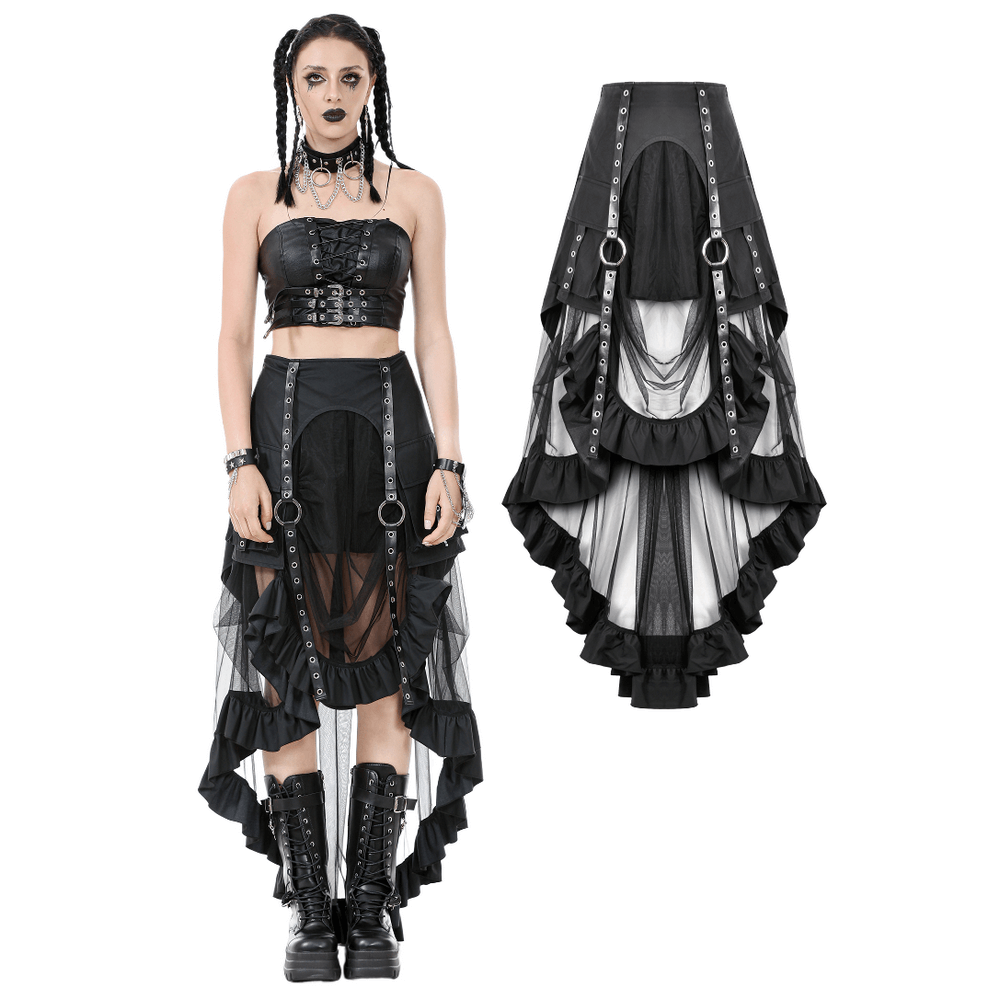 Layered Mesh and Buckle High-Low Ruffle Skirt for Women