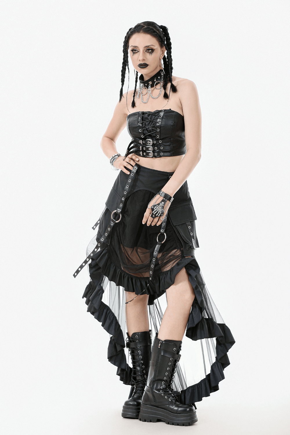 Layered Mesh and Buckle High-Low Ruffle Skirt for Women