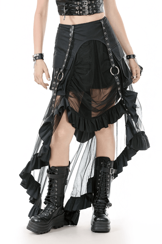 Layered Mesh and Buckle High-Low Ruffle Skirt for Women