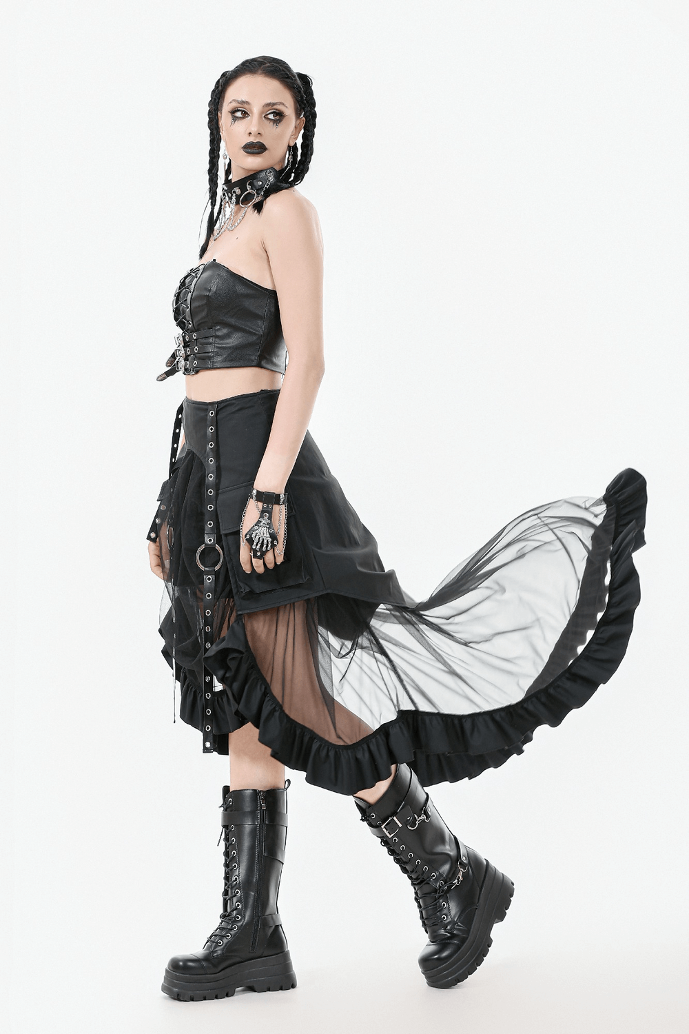 Layered Mesh and Buckle High-Low Ruffle Skirt for Women