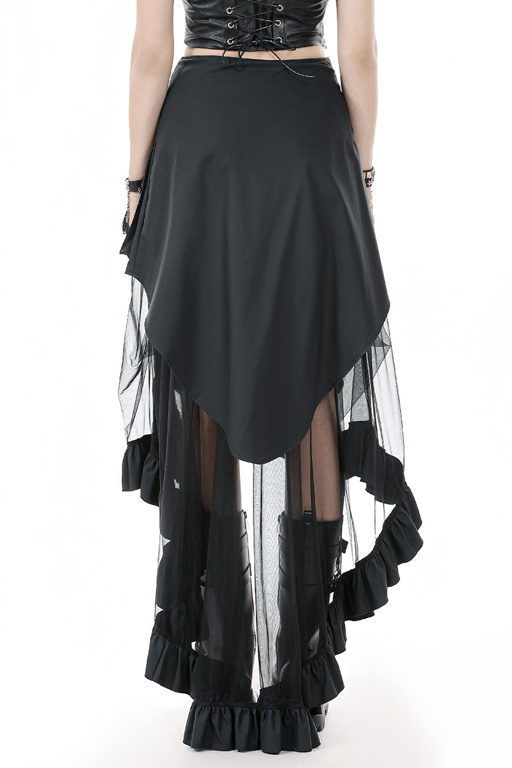 Layered Mesh and Buckle High-Low Ruffle Skirt for Women