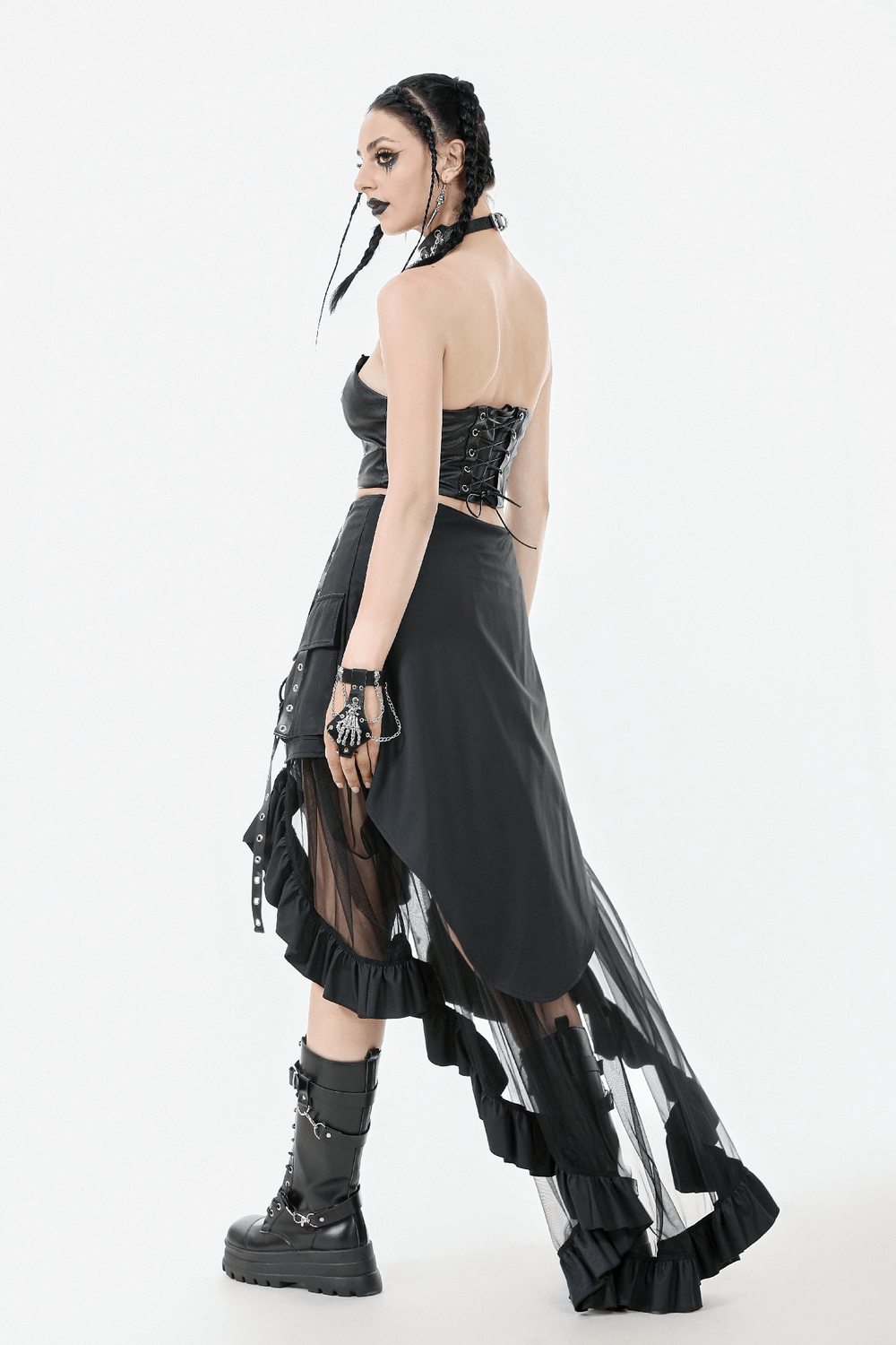 Layered Mesh and Buckle High-Low Ruffle Skirt for Women