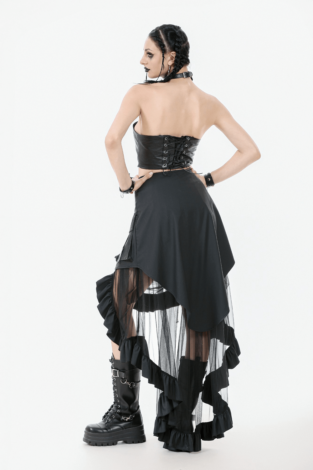 Layered Mesh and Buckle High-Low Ruffle Skirt for Women