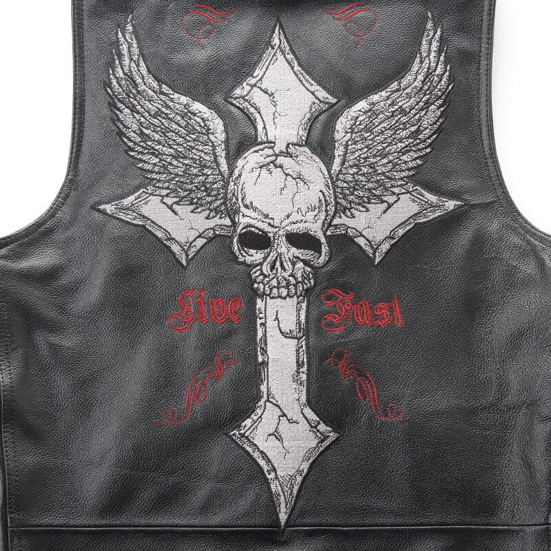 Leather biker vest / Rock Style Skull Cross Leather men's vest