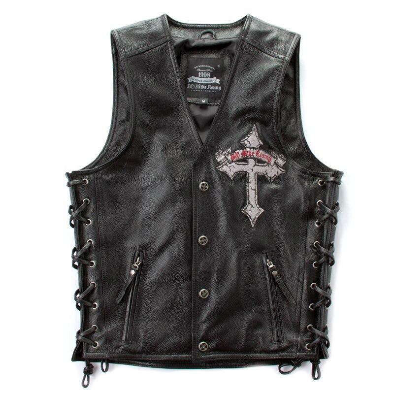 Leather biker vest / Rock Style Skull Cross Leather men's vest