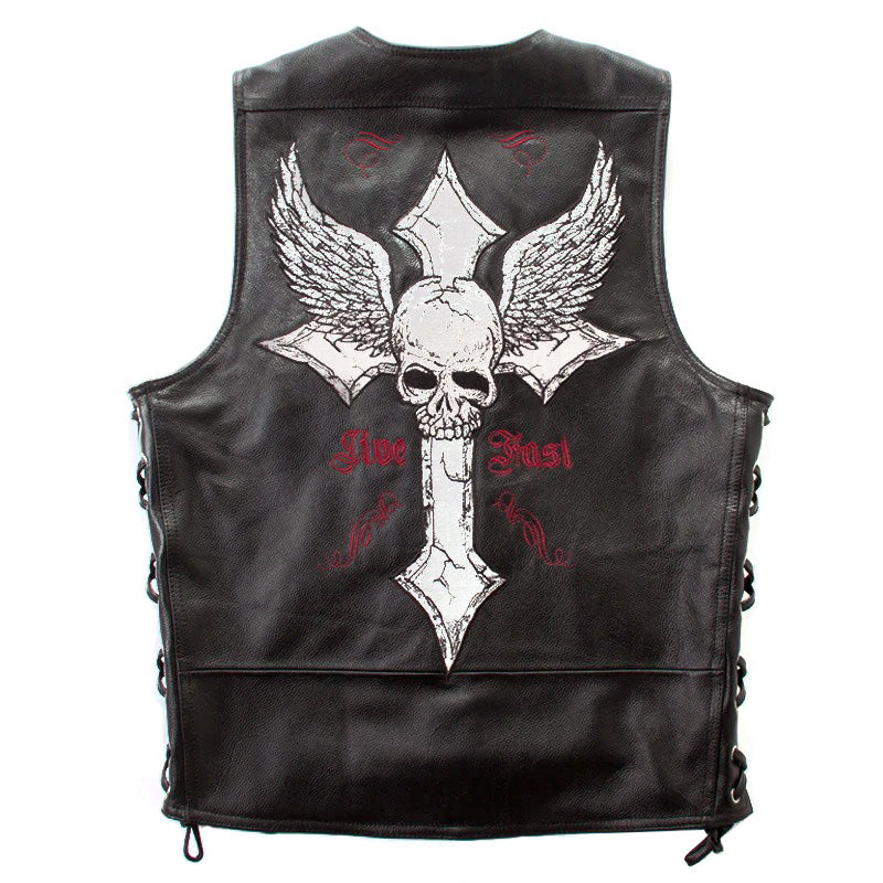 Leather biker vest / Rock Style Skull Cross Leather men's vest