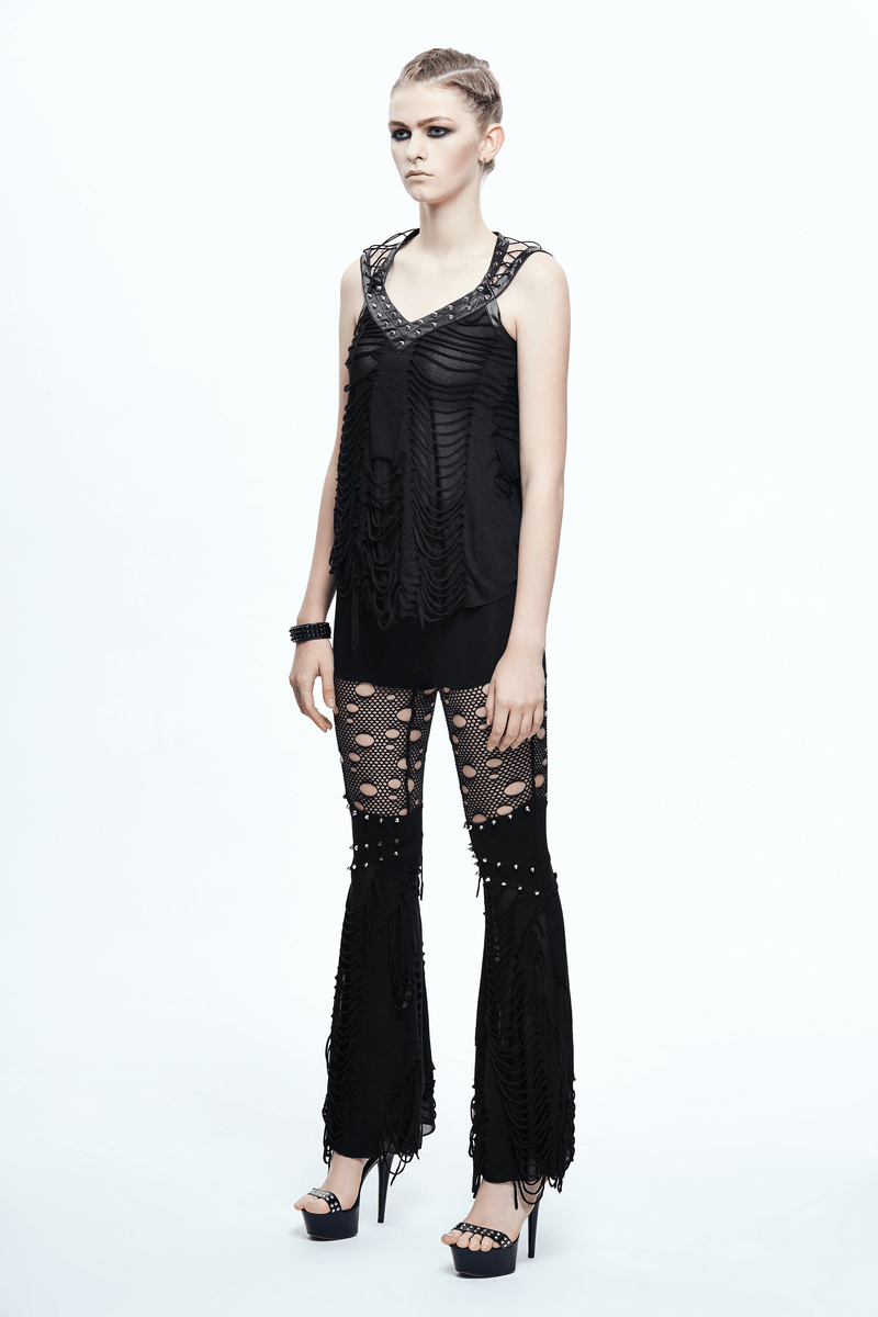 Long Black Top with Ripped Effect / Leatherette Straps Top with Lacings / Alternative Clothing