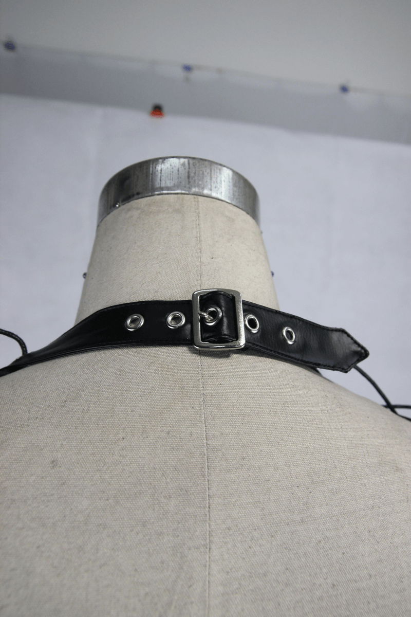 Long Black Top with Ripped Effect / Leatherette Straps Top with Lacings / Alternative Clothing