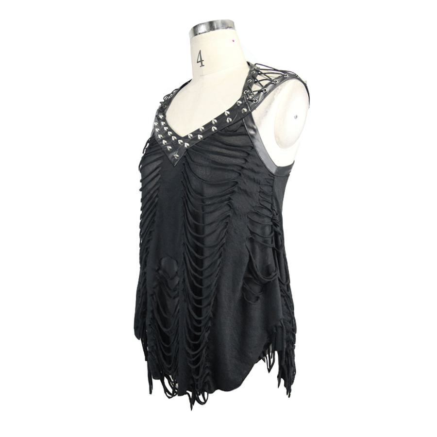 Long Black Top with Ripped Effect / Leatherette Straps Top with Lacings / Alternative Clothing