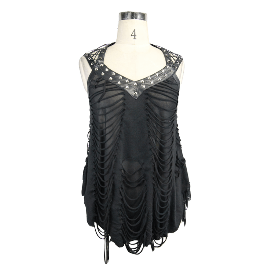 Long Black Top with Ripped Effect / Leatherette Straps Top with Lacings / Alternative Clothing