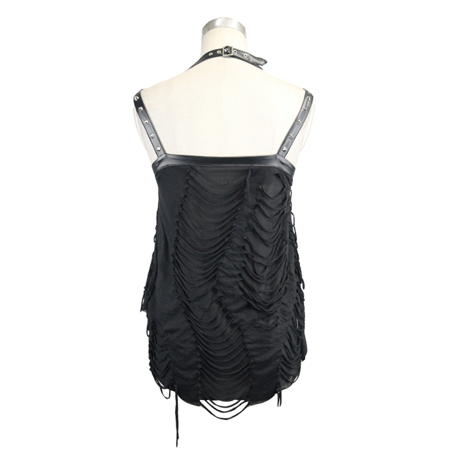 Long Black Top with Ripped Effect / Leatherette Straps Top with Lacings / Alternative Clothing