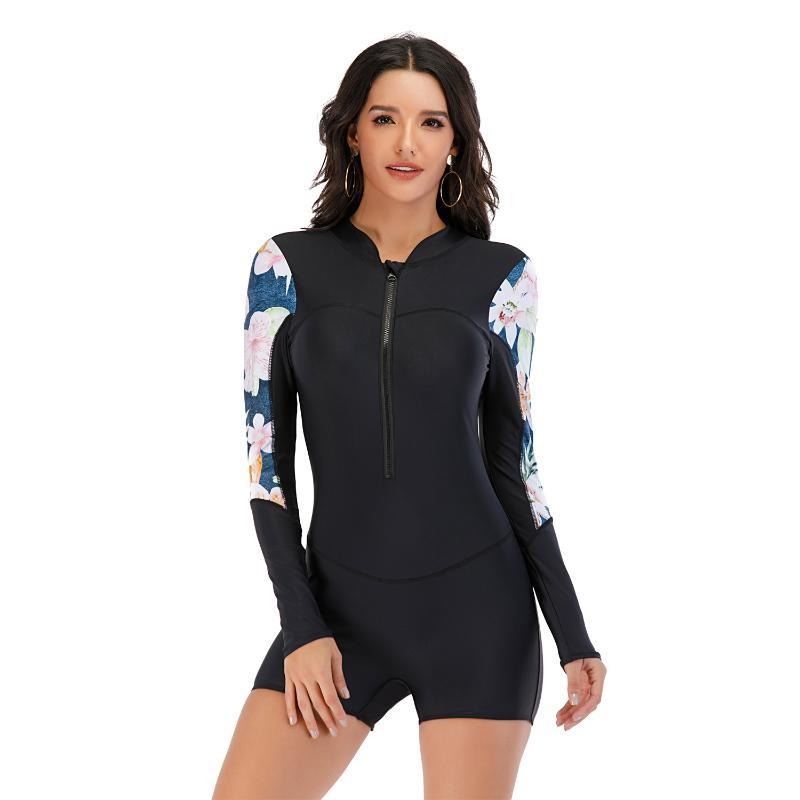 Long Sleeve One-Piece Women's Swimsuit With Floral Pattern / Training Zipper Sport Swimwear