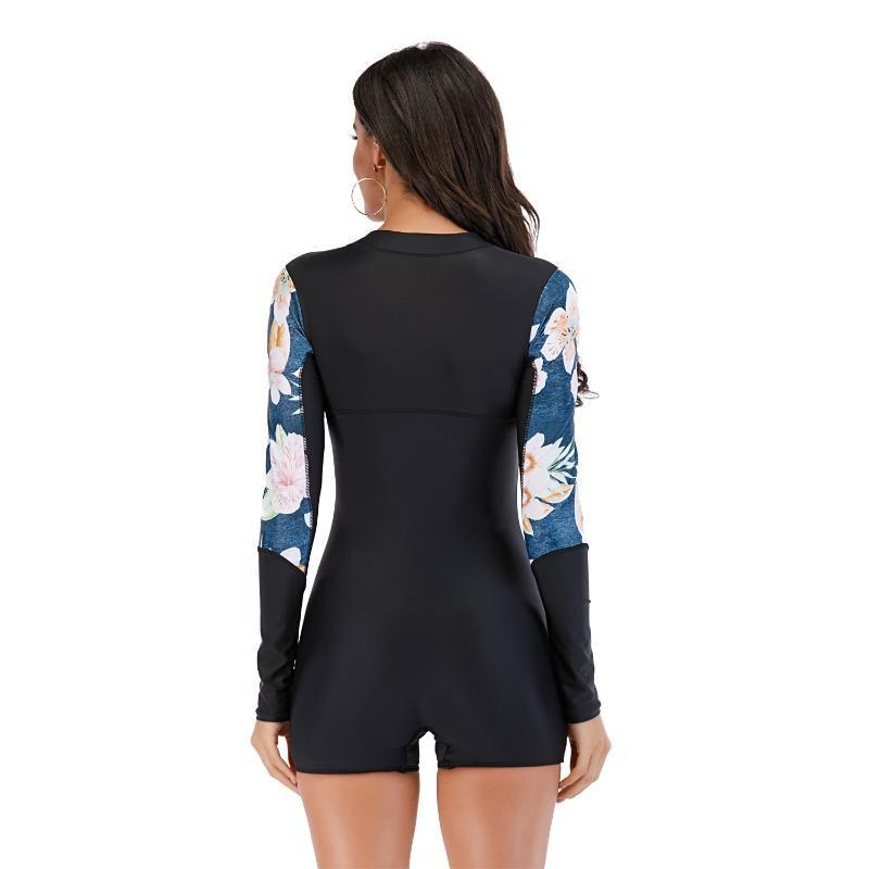 Long Sleeve One-Piece Women's Swimsuit With Floral Pattern / Training Zipper Sport Swimwear