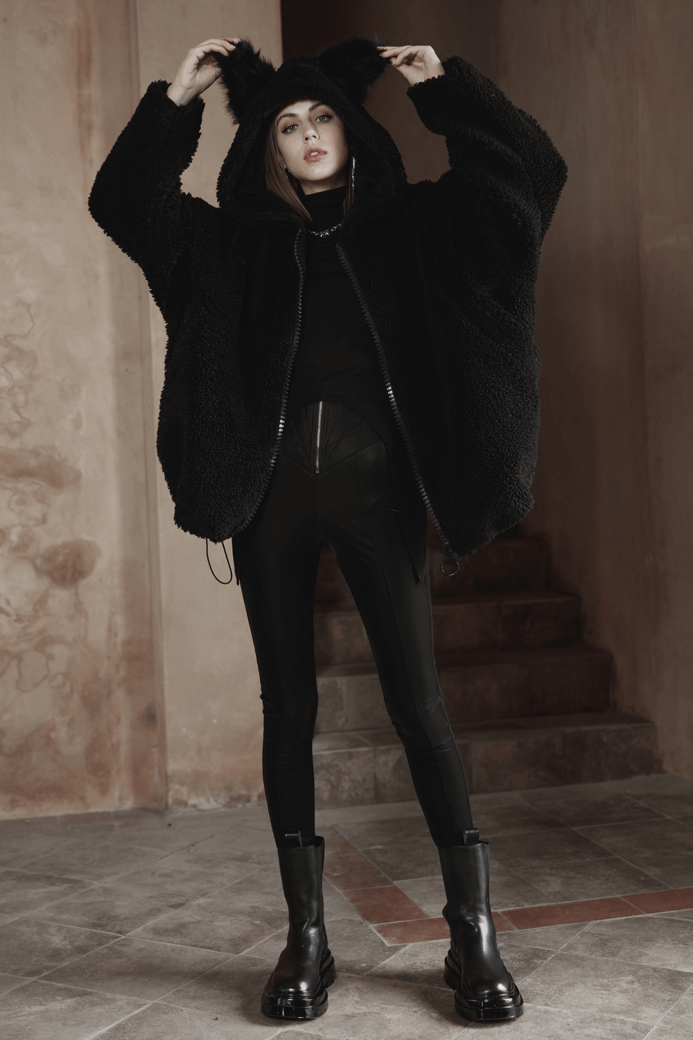 Loose Warm Fox Ear Hooded Jacket with Zipper for Women