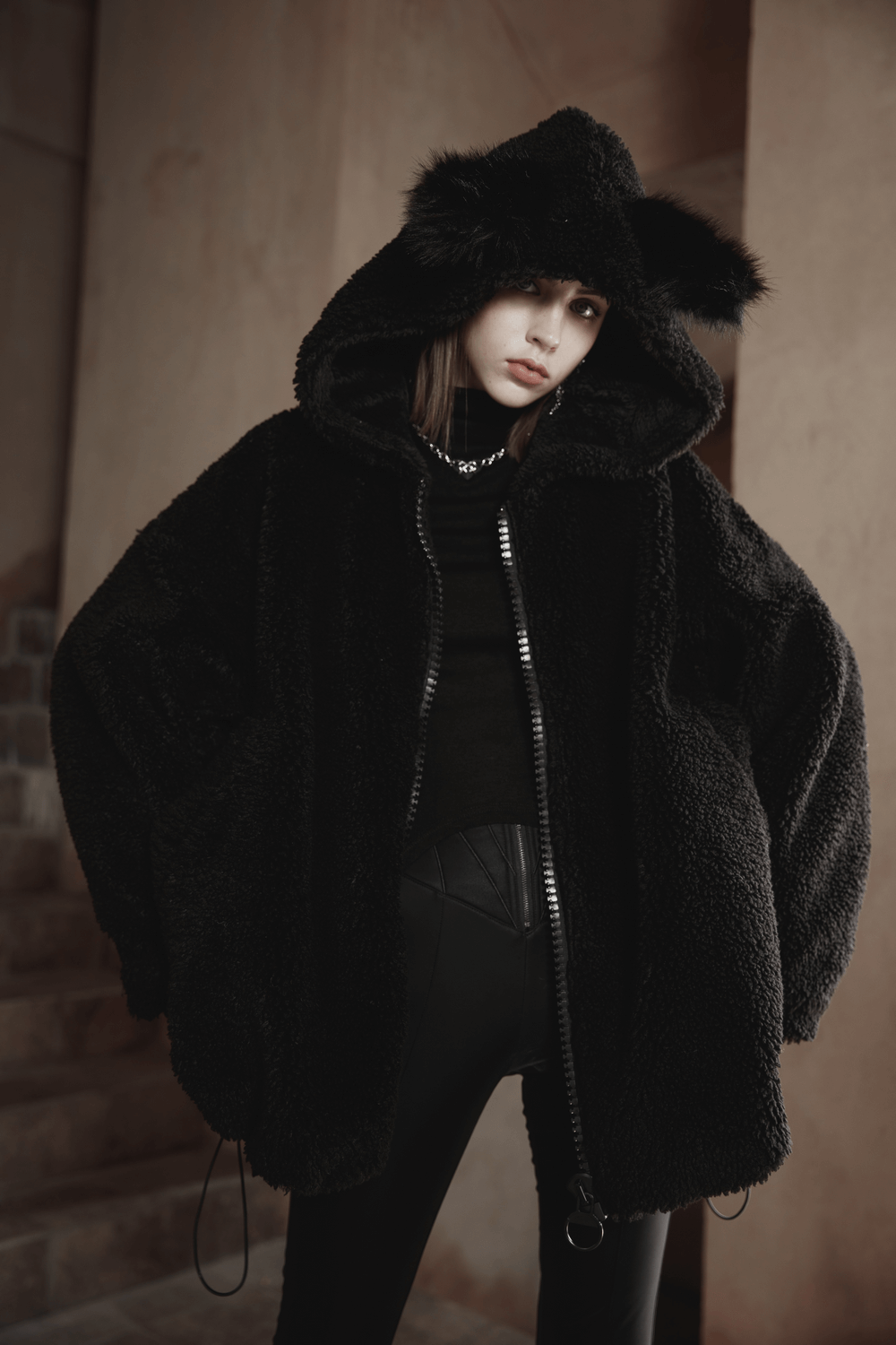 Loose Warm Fox Ear Hooded Jacket with Zipper for Women