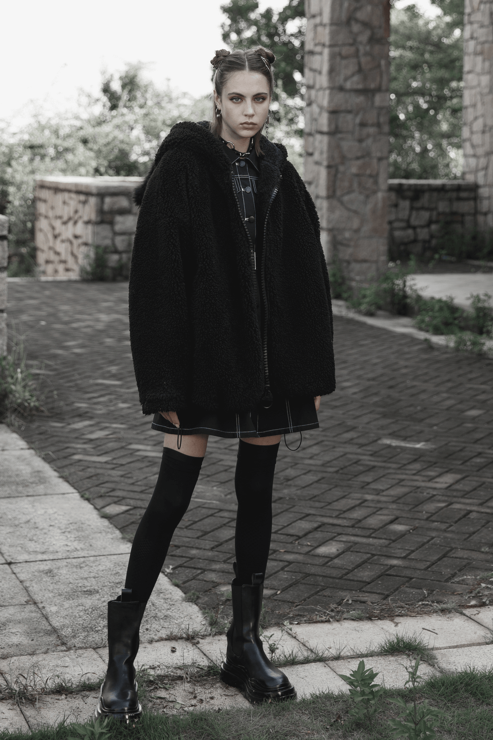 Loose Warm Fox Ear Hooded Jacket with Zipper for Women