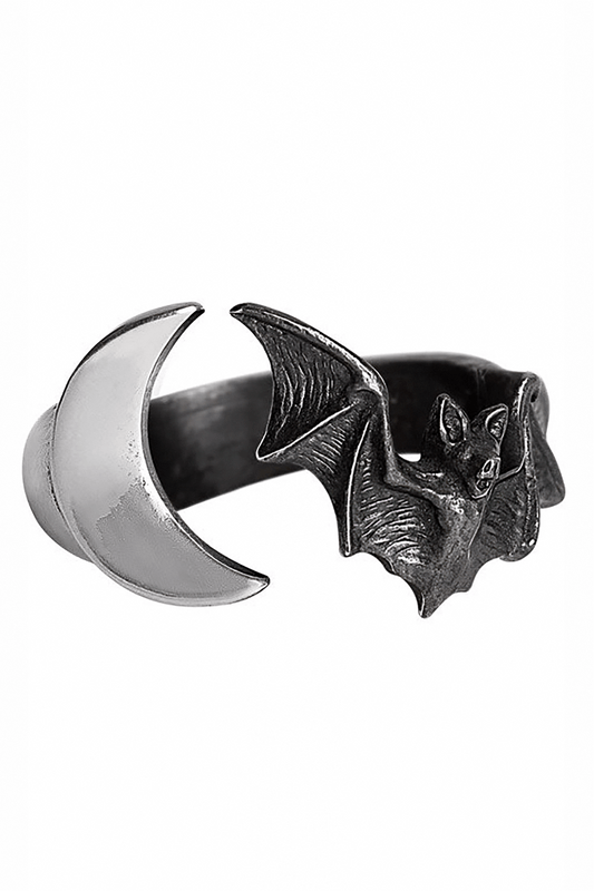 Lunatious Ring with Crescent Moon and Bat Design