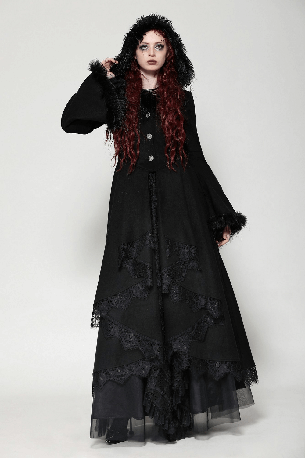 Luxurious Lace-Trimmed Gothic Hooded Coat for Women