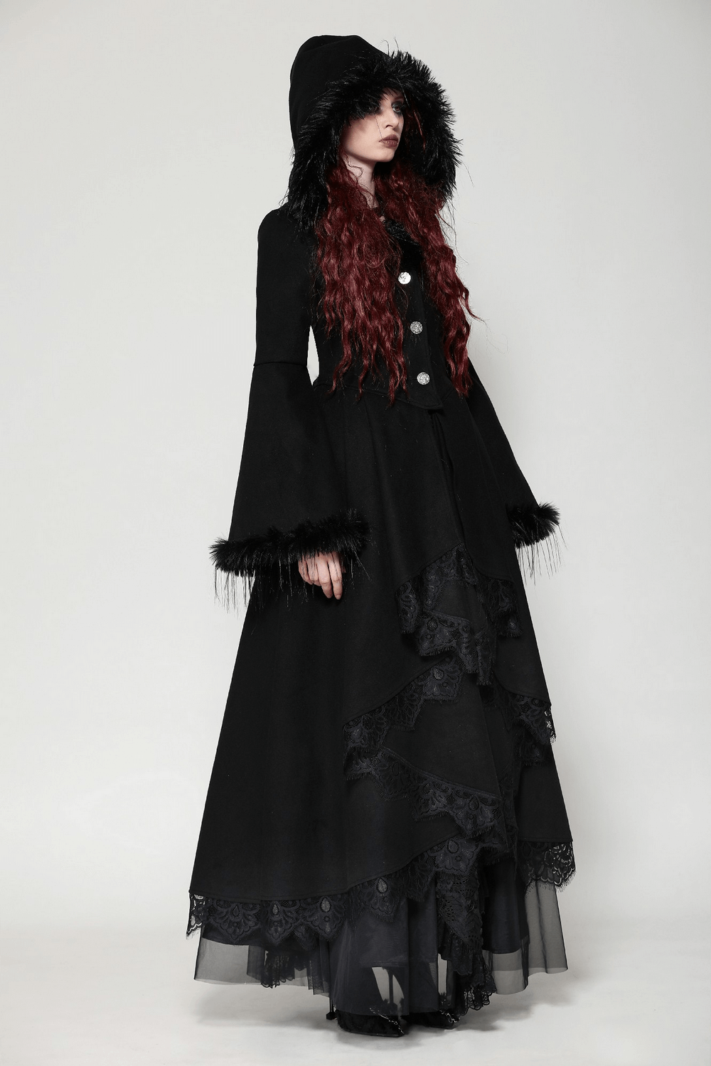 Luxurious Lace-Trimmed Gothic Hooded Coat for Women