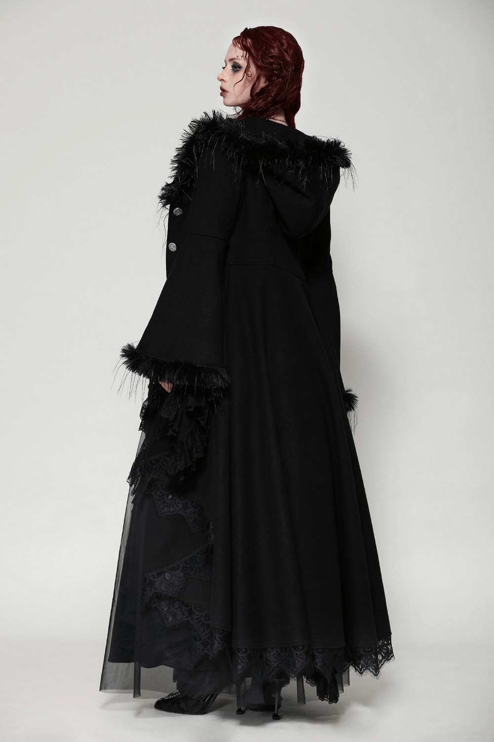 Luxurious Lace-Trimmed Gothic Hooded Coat for Women