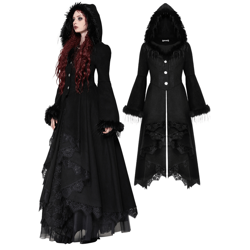 Luxurious Lace-Trimmed Gothic Hooded Coat for Women