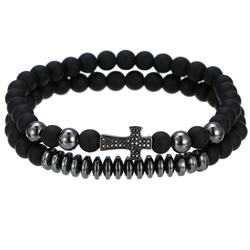 Luxury Bracelet Natural Lava Stone Beads With Cross / Unisex Alternative Fashion Jewelry
