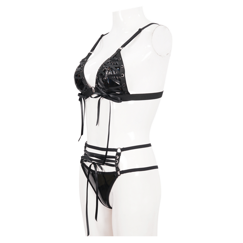 Luxury Faux Leather Lingerie for Women / Gothic Style Black Bra and Panties Sets