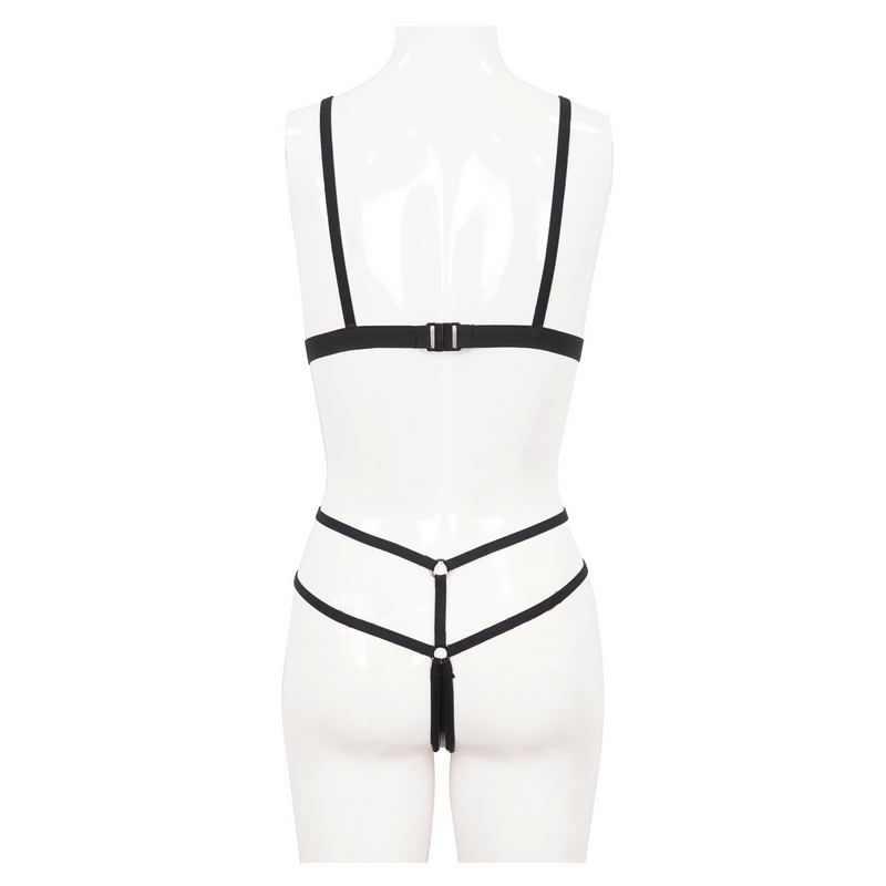 Luxury Faux Leather Lingerie for Women / Gothic Style Black Bra and Panties Sets