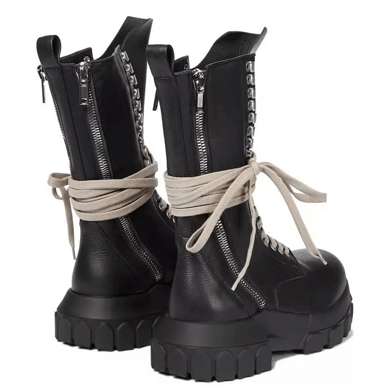 Luxury Men's Lace Up Thick Sole Shoes / Retro Zipper Mid-Calf Motorcycle Boots