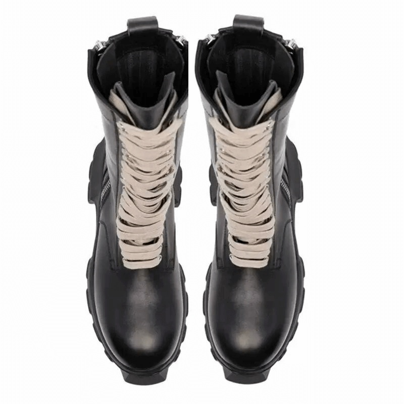 Luxury Men's Lace Up Thick Sole Shoes / Retro Zipper Mid-Calf Motorcycle Boots