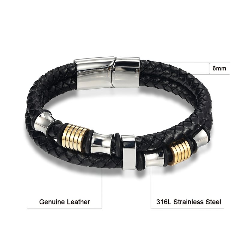 Luxury Men's Bracelet / Genuine Leather and Stainless Steel Combination Bracelet