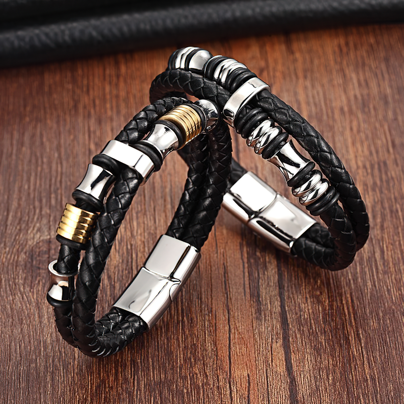 Luxury Men's Bracelet / Genuine Leather and Stainless Steel Combination Bracelet