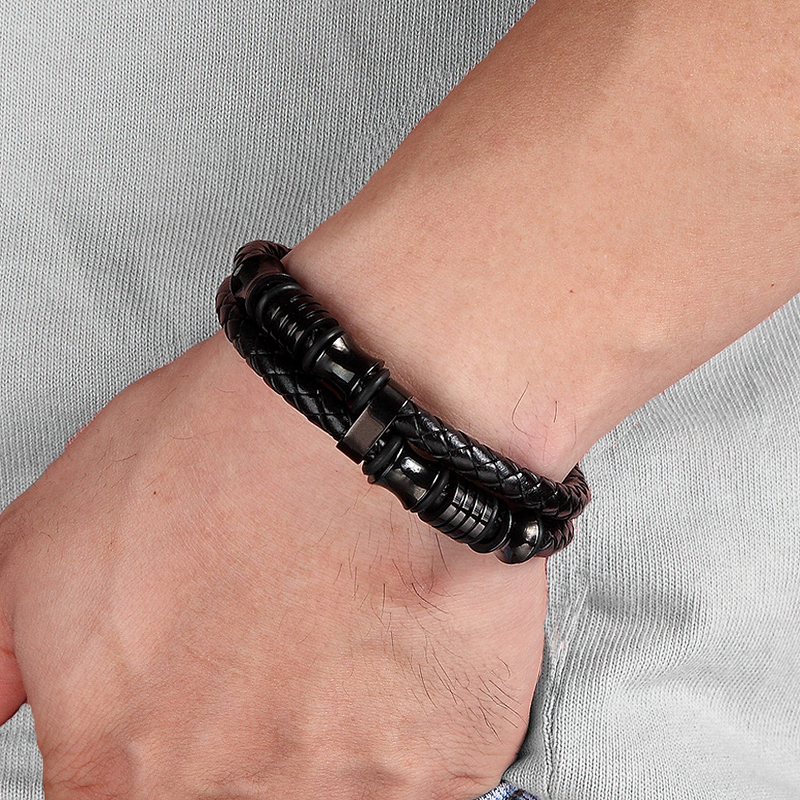Luxury Men's Bracelet / Genuine Leather and Stainless Steel Combination Bracelet