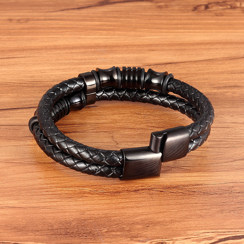 Luxury Men's Bracelet / Genuine Leather and Stainless Steel Combination Bracelet