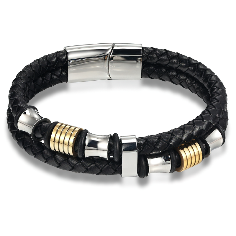 Luxury Men's Bracelet / Genuine Leather and Stainless Steel Combination Bracelet